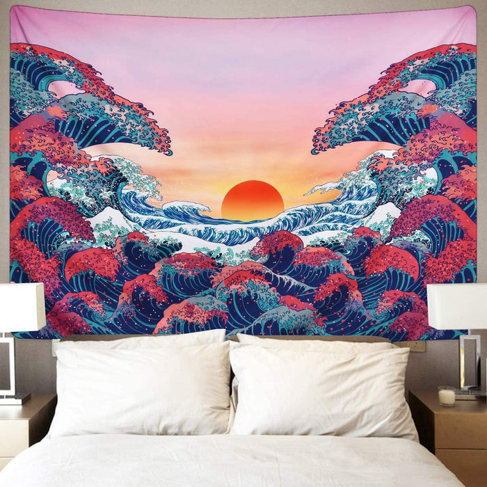 Ocean Wave Tapestry Sunset Tapestry 3D Great Wave Tapestry Japanese Tapestry for Room - Decotree.co Online Shop