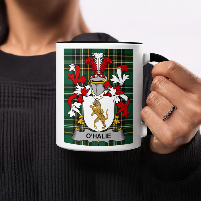 Tartan mug with O'Halie family crest featuring a lion rampant.