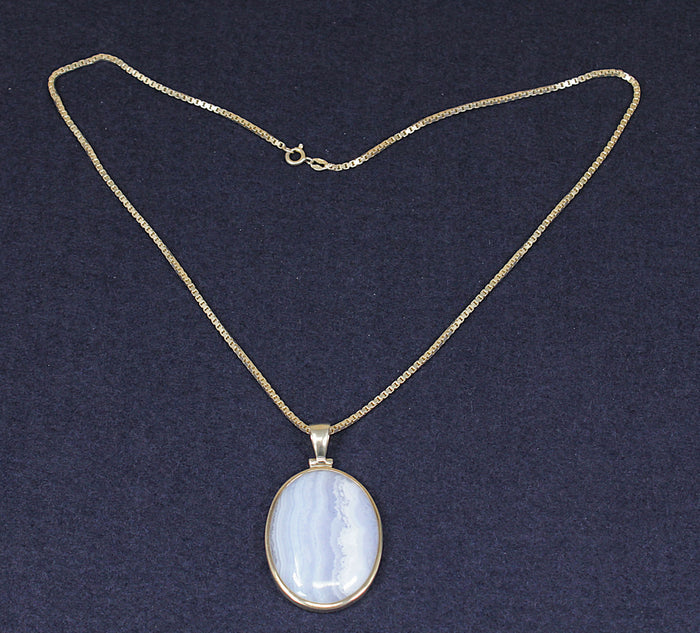Oversized Sterling Silver & Blue Lace Agate Pendant with 19½-Inch Silver Chain