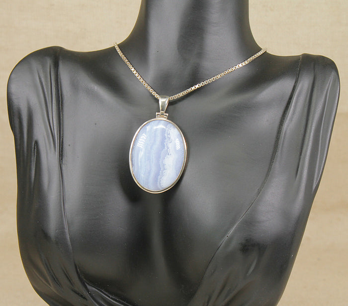 Oversized Sterling Silver & Blue Lace Agate Pendant with 19½-Inch Silver Chain