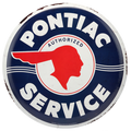 Round blue tin sign with "PONTIAC AUTHORIZED SERVICE" in white and a red silhouette of the Pontiac emblem.