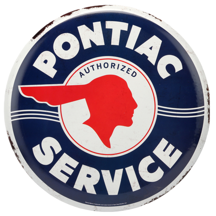 Round blue tin sign with "PONTIAC AUTHORIZED SERVICE" in white and a red silhouette of the Pontiac emblem.