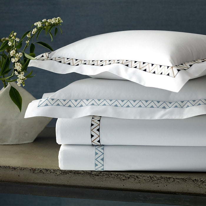 Prado bedding | Matouk Schumacher Shams and Sheets Onyx and Hazy Blue