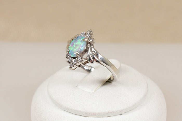 Pretty Sterling Silver Lab Created Opal & Crystal Ring