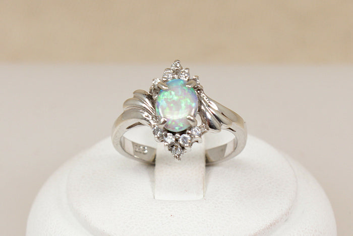 Pretty Sterling Silver Lab Created Opal & Crystal Ring