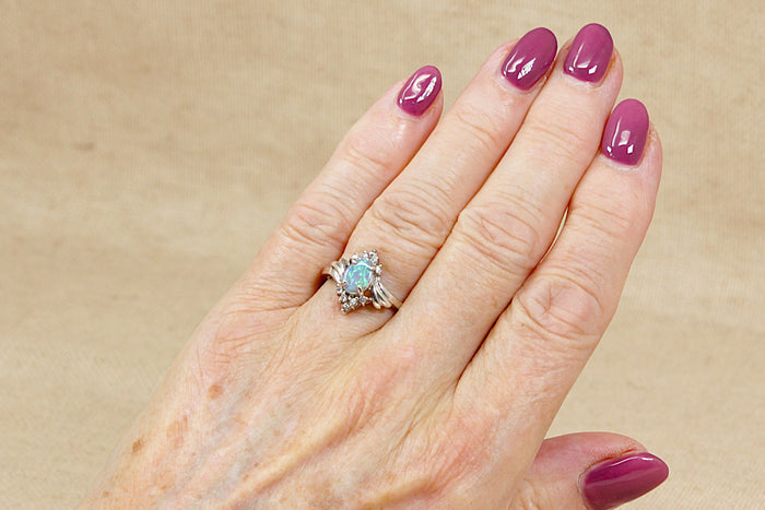 Pretty Sterling Silver Lab Created Opal & Crystal Ring