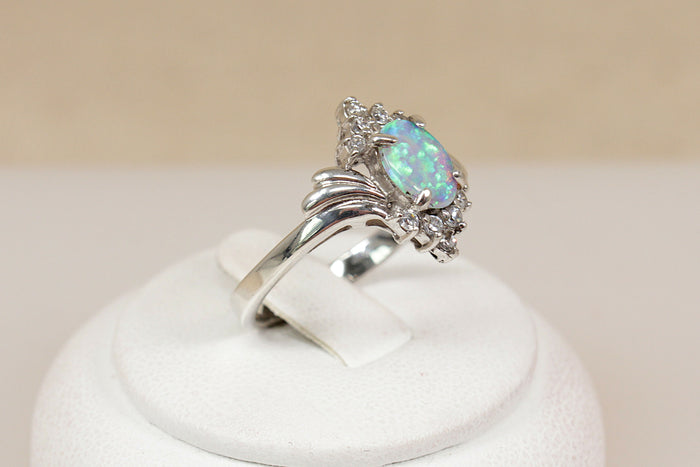 Pretty Sterling Silver Lab Created Opal & Crystal Ring