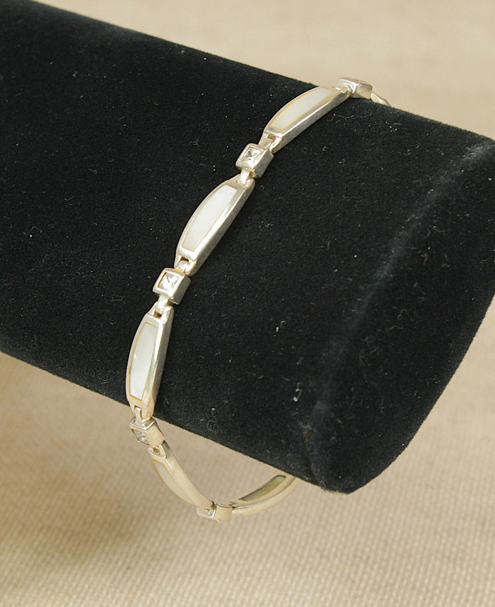 Pretty Sterling Silver, Mother of Pearl & CZ Link Bracelet