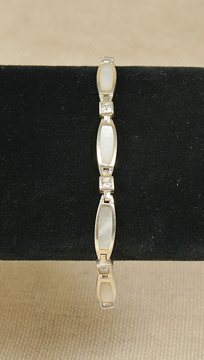 Pretty Sterling Silver, Mother of Pearl & CZ Link Bracelet