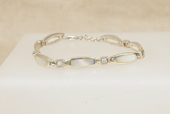 Pretty Sterling Silver, Mother of Pearl & CZ Link Bracelet