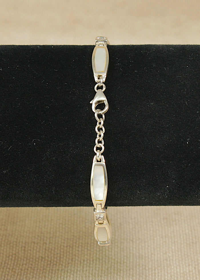 Pretty Sterling Silver, Mother of Pearl & CZ Link Bracelet