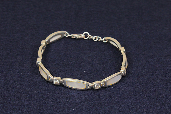Pretty Sterling Silver, Mother of Pearl & CZ Link Bracelet