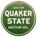 Round green metal sign featuring the Quaker State Motor Oil logo and the words "Ask for Quaker State."