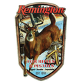 Vintage Remington tin sign depicting a deer scene with the words "For Rifles & Pistols," ideal for collectors and hunting aficionados, showcasing the durability and dependability of the brand.
