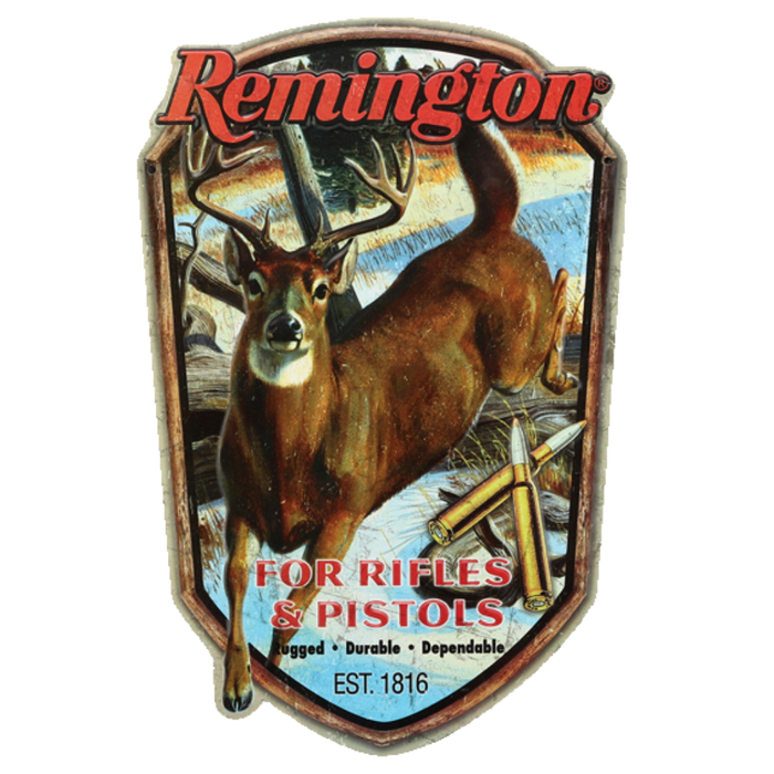 Vintage Remington tin sign depicting a deer scene with the words "For Rifles & Pistols," ideal for collectors and hunting aficionados, showcasing the durability and dependability of the brand.