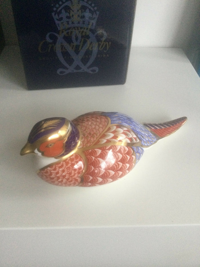 Royal Crown Derby Paperweight- Pheasant figurine with gold stopper Original Box