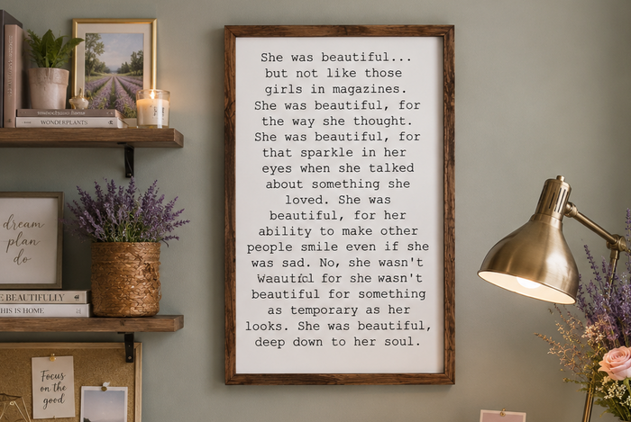 She Was Beautiful Wood Sign | Inspirational Quote Wall Decor | Painted Wooden Motivational Sign | Bedroom Office Gift for Women