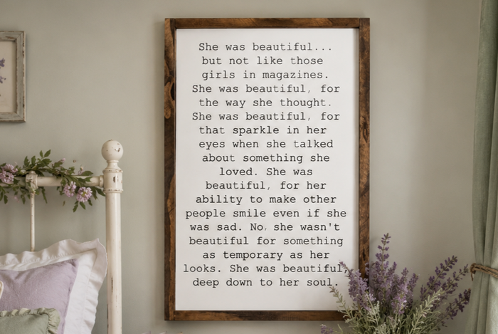 She Was Beautiful Wood Sign | Inspirational Quote Wall Decor | Painted Wooden Motivational Sign | Bedroom Office Gift for Women