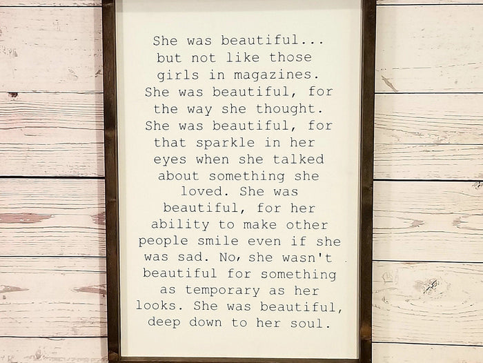 She Was Beautiful Wood Sign | Inspirational Quote Wall Decor | Painted Wooden Motivational Sign | Bedroom Office Gift for Women