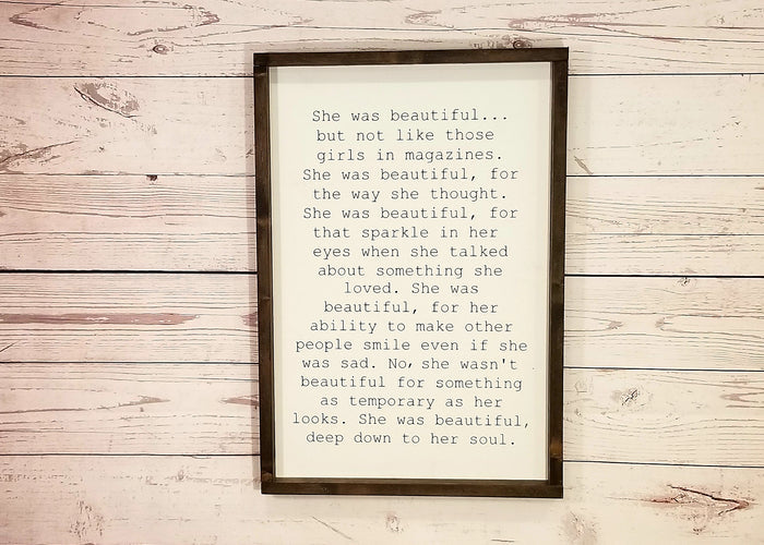 She Was Beautiful Wood Sign | Inspirational Quote Wall Decor | Painted Wooden Motivational Sign | Bedroom Office Gift for Women