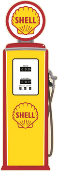 Retro Shell gasoline pump tin sign in bright yellow with the iconic Shell logo.