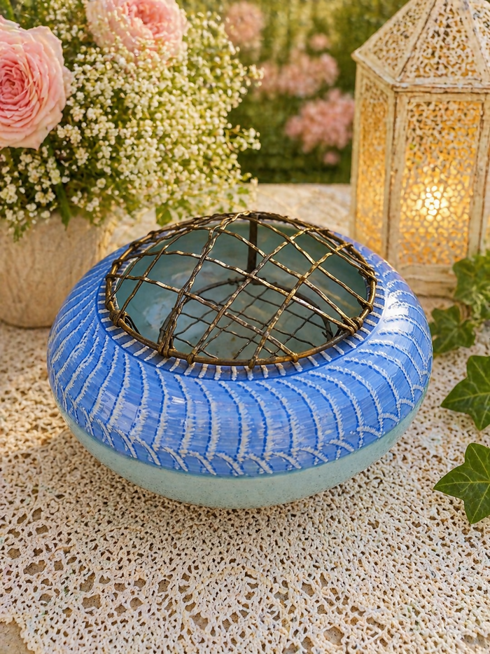 Shelley Harmony Blue Ceramic Flower Bowl with Metal Frog