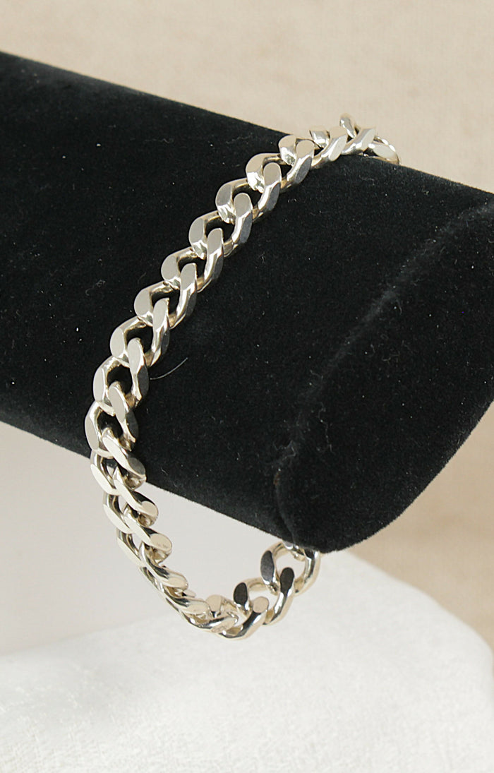 Silver Flat Curb Link Bracelet with Lobster Clasp