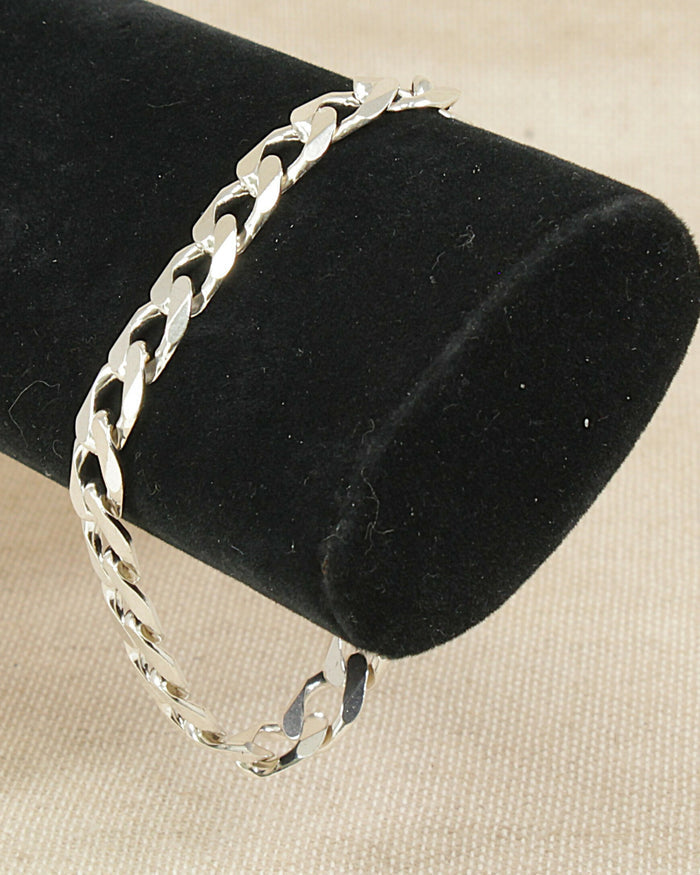 Silver Flat Curb Link Bracelet with Lobster Clasp