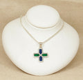 Silver Italian Green & Blue Cross Pendant & Chain