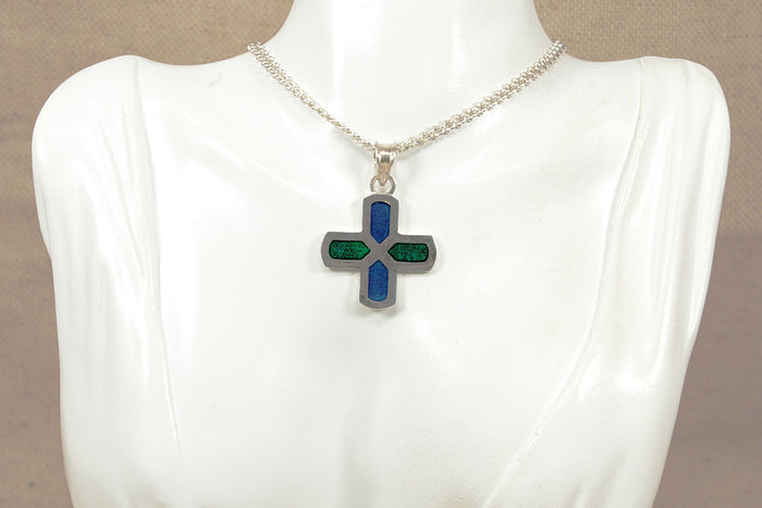 Silver Italian Green & Blue Cross Pendant & Chain