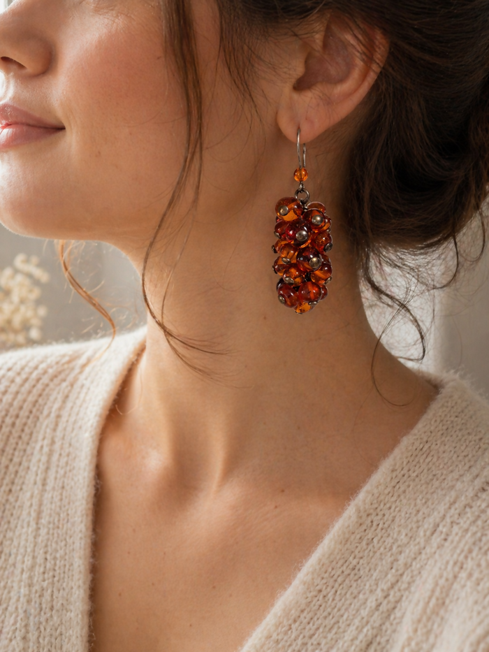 Sterling Silver Amber Grape Cluster Earrings