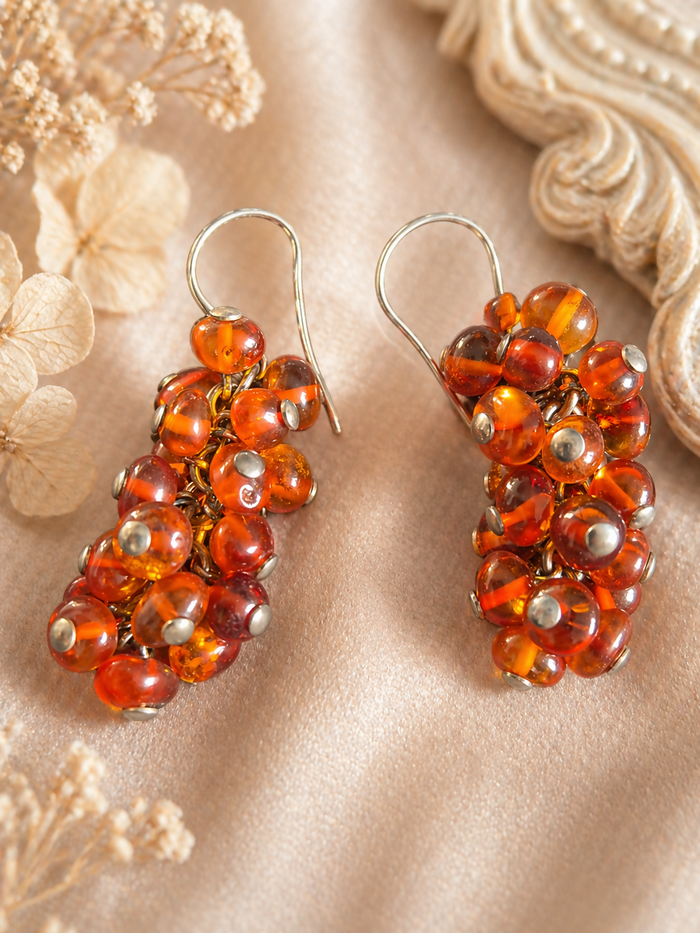 Sterling Silver Amber Grape Cluster Earrings