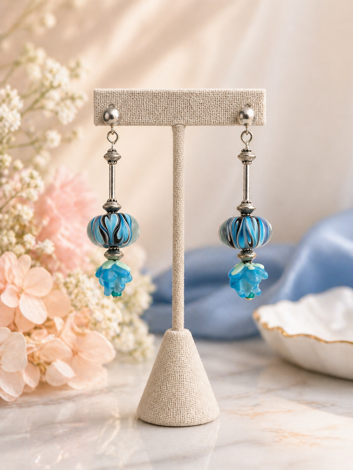 Sterling Silver Blue Glass Bead Drop Earrings