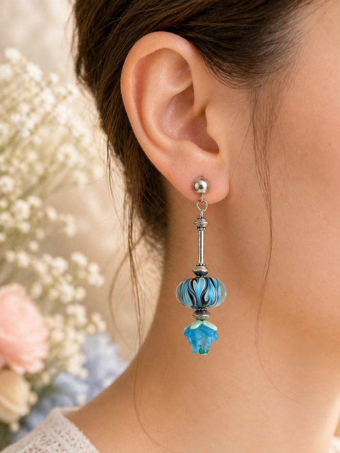 Sterling Silver Blue Glass Bead Drop Earrings