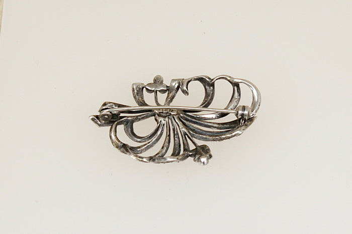Stylish Art Deco Silver & Marcasite Floral Brooch – Continental 800 Silver