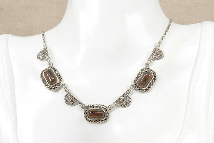 Stylish Vintage Art Deco Style Sterling Silver Amber & Marcasite Necklet – Birmingham 1980