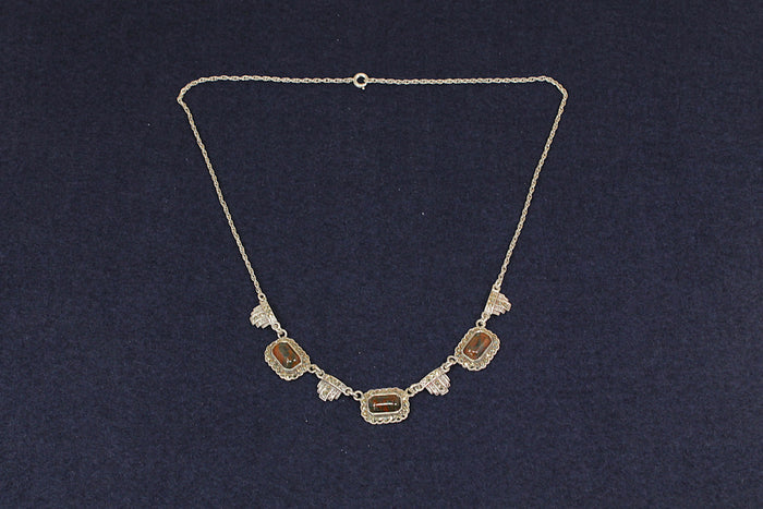Stylish Vintage Art Deco Style Sterling Silver Amber & Marcasite Necklet – Birmingham 1980