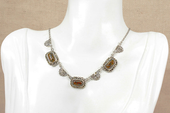 Stylish Vintage Art Deco Style Sterling Silver Amber & Marcasite Necklet – Birmingham 1980