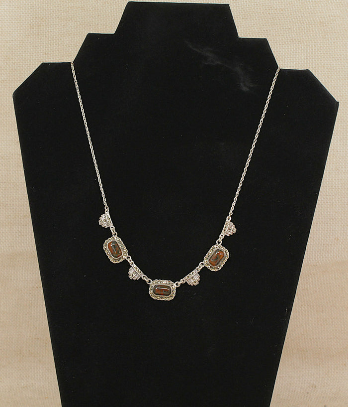 Stylish Vintage Art Deco Style Sterling Silver Amber & Marcasite Necklet – Birmingham 1980