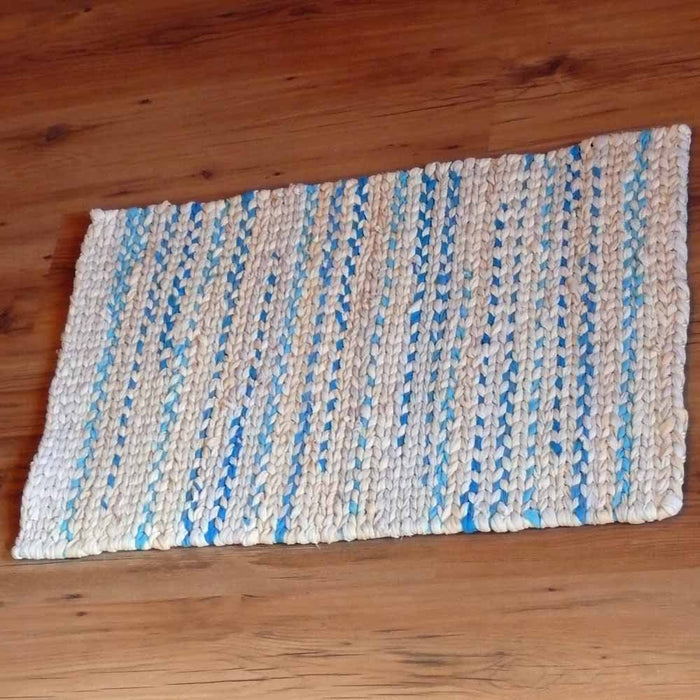 Twined Rag Rug, 19x30 Recycled Fabric Rug, Reversible Farmhouse Rug, Handmade Entryway Rug, Rustic Kitchen Rug, Upcycled Home Decor