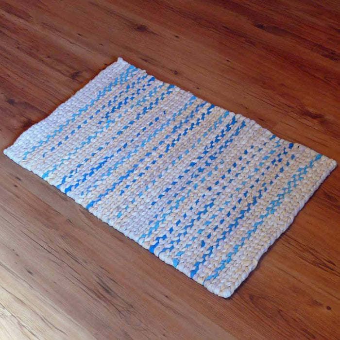 Twined Rag Rug, 19x30 Recycled Fabric Rug, Reversible Farmhouse Rug, Handmade Entryway Rug, Rustic Kitchen Rug, Upcycled Home Decor