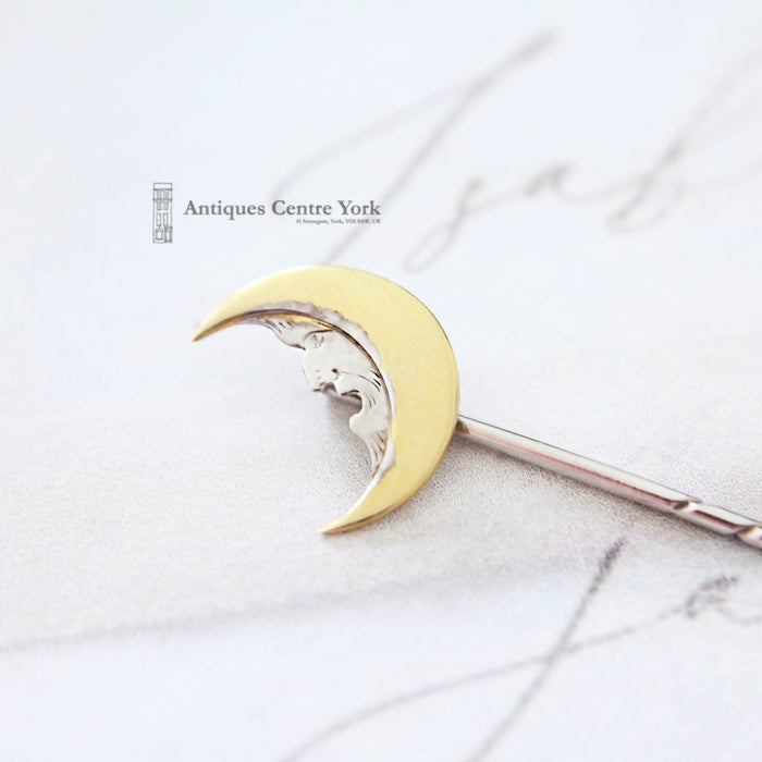 Victorian Silver Gilt Man in the Moon Stick Pin 1885 Reg'd Design 36333 Cased Box