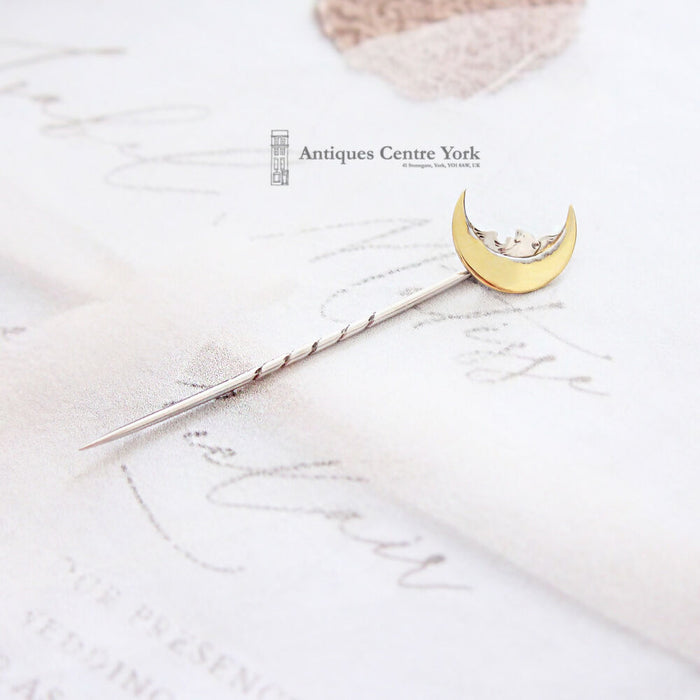 Victorian Silver Gilt Man in the Moon Stick Pin 1885 Reg'd Design 36333 Cased Box