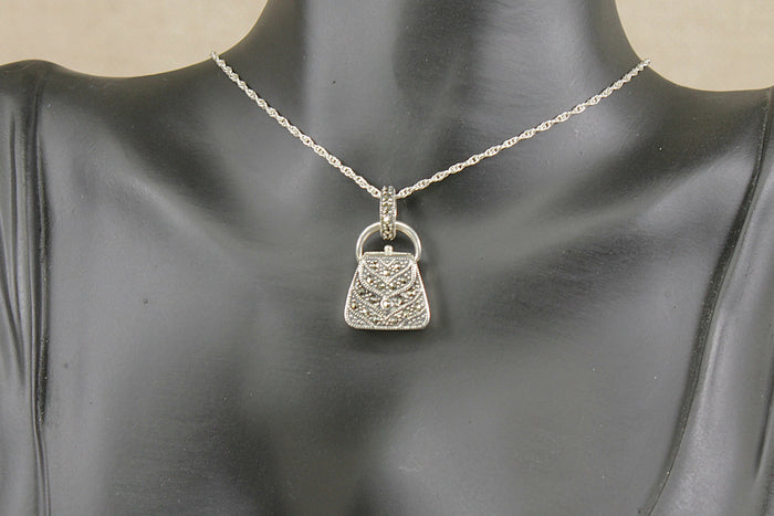Vintage Sterling Silver & Marcasite Mini Handbag Perfume Pendant & Silver Chain