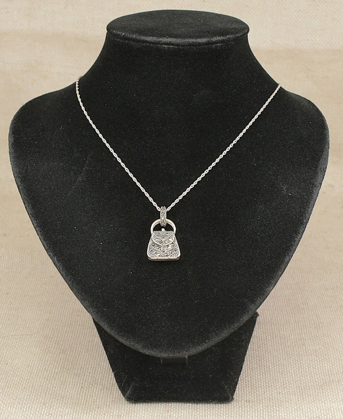 Vintage Sterling Silver & Marcasite Mini Handbag Perfume Pendant & Silver Chain