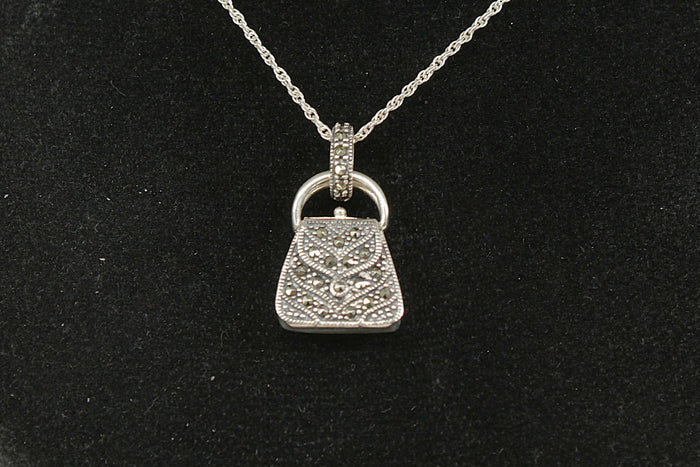 Vintage Sterling Silver & Marcasite Mini Handbag Perfume Pendant & Silver Chain