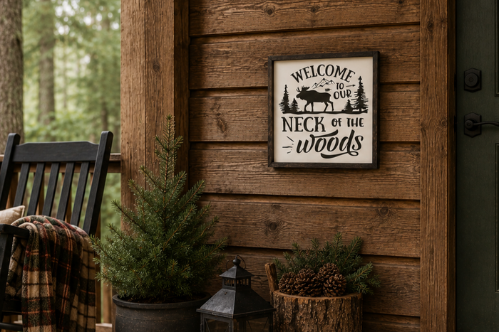 Welcome to Our Neck of the Woods Sign | Rustic Cabin Decor | Moose Wall Art | Farmhouse & Cottagecore Decor | Handcrafted Wooden Sign